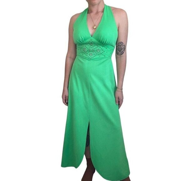 Vintage 1970s Womens Retro MidMod Lime Green Halter Prom Dress Evening Gown Sz M - Picture 1 of 10